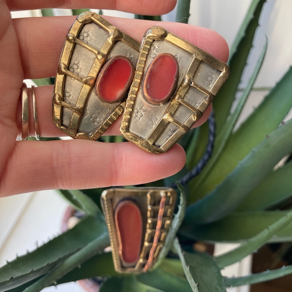 Artist Made Jewelry Set, Reddish Jasper or Agate, Brass, and Silver, Modern